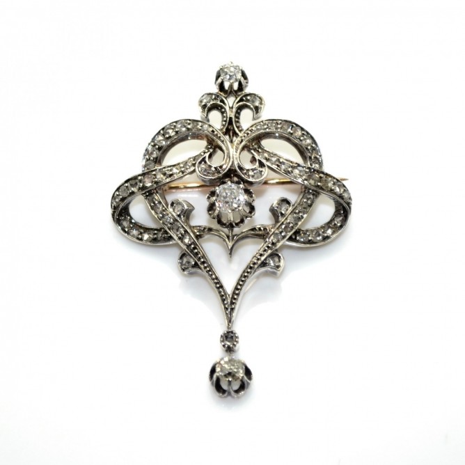Broche Vintage Fleurs Napoléon III - Or Gris 750/Argent & Diamants 3.2cts - Occasion Ancienne