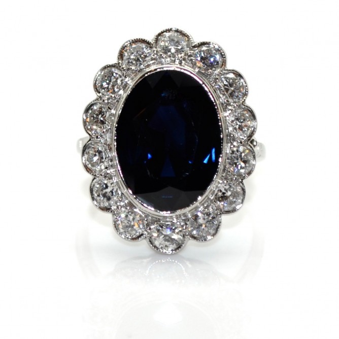 Bague Art Déco En Argent Avec Saphir Et Zirconium - Taille 51 - Bague Ancienne Occasion