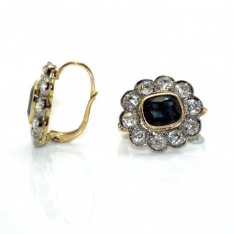 Bijoux anciens - Boucles d'oreilles dormeuses marguerite diamants et saphirs 