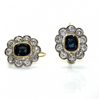 Bijoux anciens - Boucles d'oreilles dormeuses marguerite diamants et saphirs 