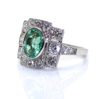 Bagues de fiançailles - Bague art déco émeraude et diamants