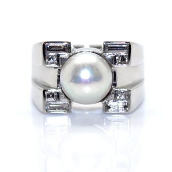 Bagues de fiançailles - Bague Art-Déco perle et diamants