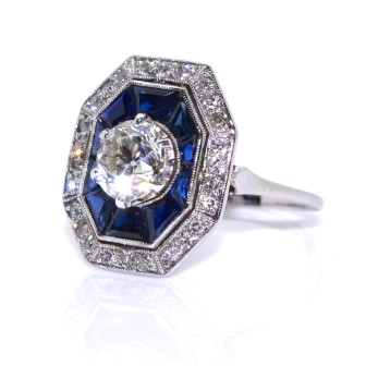 Bijoux anciens - Bague Art Déco octogonale diamants et saphirs