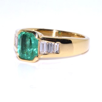 Bagues de fiançailles - Bague vintage émeraude et diamants baguettes