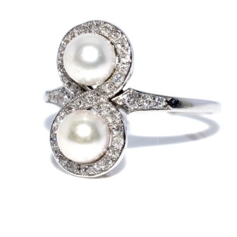 Bijoux anciens - Bague toi et moi diamants et perles 