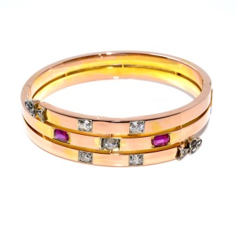 Bijoux anciens - Bracelet jonc diamants et rubis