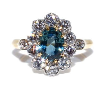 Bagues de fiançailles - Bague pompadour saphir teal (bleu-vert) et diamants