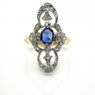Bijoux anciens - Bague marquise ancienne, saphir et diamants - Vers 1910