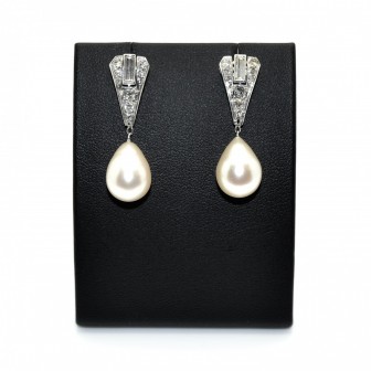 Bijoux anciens - Boucles d'oreilles Art Deco perles et diamants 