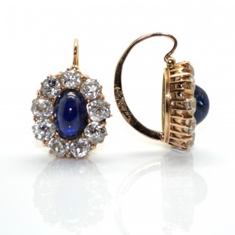 Bijoux anciens - Boucles d'oreilles dormeuses marguerite diamants et saphirs 